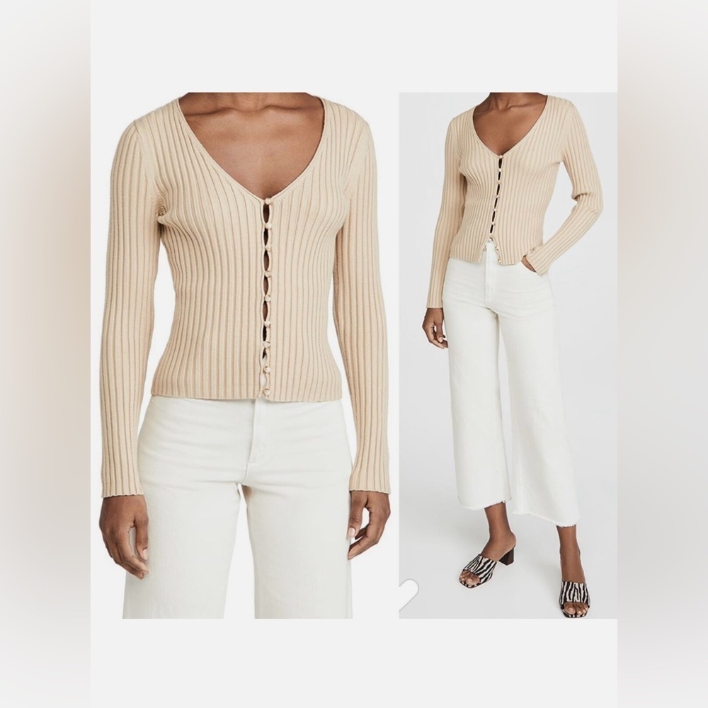 WayF Frenchie Women's 1X Green Rib Knit Pearl Button V-Neck Cardigan Sweater NWT